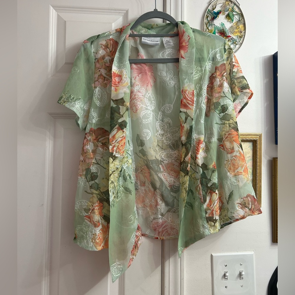 NWT Alfred Dunner green pink cottage fairy floral sheer cardigan
